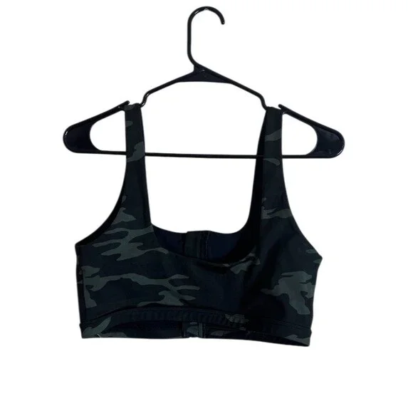Good American Sports Bra Womens Size 3 Black Green Camo Zip Front High - Picture 2 of 7